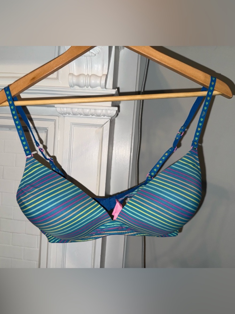 Victoria K Striped Blue, Green & Purple Bikini Top with Pink Bow